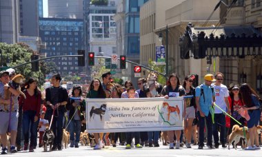 San Francisco, Ca - 21 Nisan 2019: 52. Geleneksel Kiraz Çiçeği Festivali Büyük Geçidi 'nin kimliği belirsiz katılımcıları. Dünyanın en iyi 10 kiraz çiçeği festivalinden biri..
