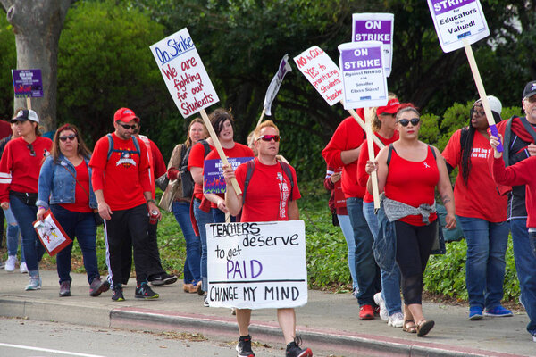 Union City, CA - May 22, 2019: Teachers and students march to the New Haven School District Educational Services Center to protest. First teachers strike ever at New Haven Unified schools.