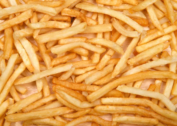 Top View Flat Lay Many French Fries Light Wood Table — Stock Photo, Image