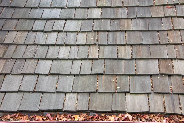 Wood Shingle Roof House Rain Gutters Clogged Leaves Sticks Debris — Stock Photo, Image