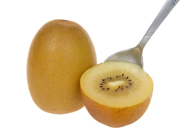 Kiwi Sungold Rebanado Por Mitad Con Fruta Entera Detrás Cuchara — Foto de Stock