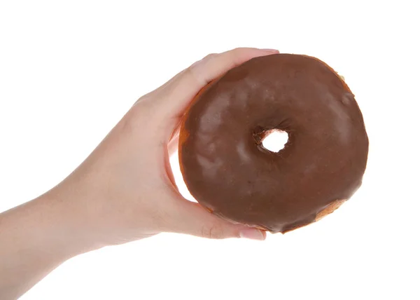 Joven Mano Sosteniendo Donut Redondo Glaseado Chocolate Aislado Sobre Fondo —  Fotos de Stock