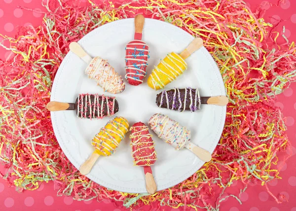 Multiple Colored Candy Stripped Popsicle Cake Pops Sprinkles Top White — Stock Photo, Image