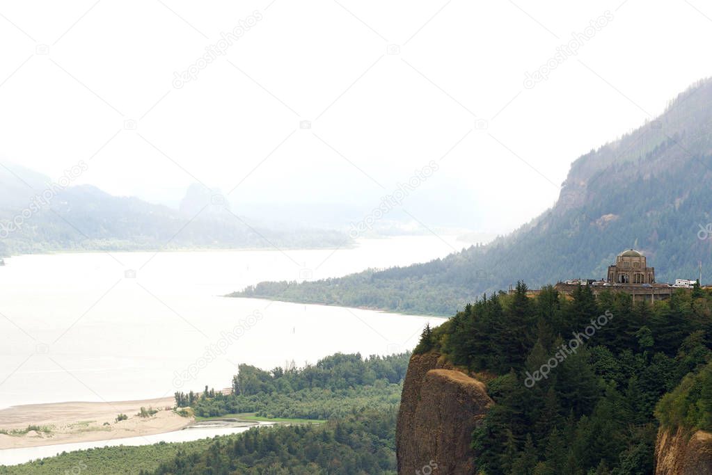 Crown Point in the Columbia Gorge, Oregon, overlooking the Columbia River with state of Washington on other side of river.