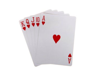 Kağıt oynuyorum, floş royal. Floş floş, yüksek kart değeri olan düz floştur. Bu poker oyunundaki en yüksek el. Kalpler.