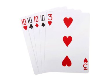 Kağıt oynuyoruz, dördü bir arada. Aynı rütbede ya da değerde dört kart. Beyaz arkaplanda izole.