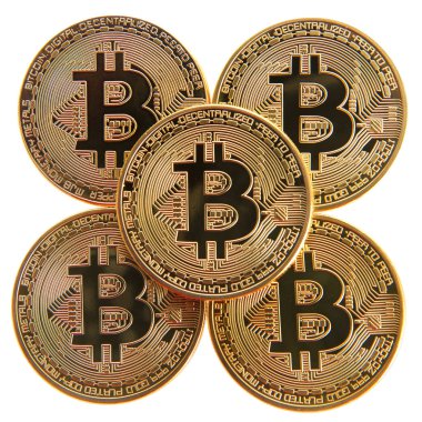 Dijital Kripto para birimi. Beyaz arka planda izole edilmiş altın bitcoin paralar. Fiziksel bit sikkeleri
