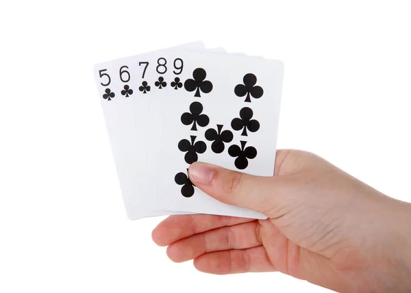 Young Female Hand Holding Playing Cards Straight Straight Five Cards — Stock Photo, Image