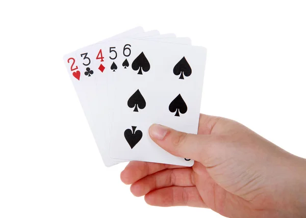 Young Female Hand Holding Playing Cards Straight Straight Five Cards — Stock Photo, Image