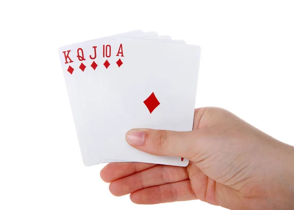 Young Female Hand Holding Playing Cards Royal Flush Straight Flush — Stock Photo, Image