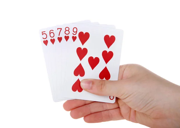 Young Female Hand Holding Playing Cards Straight Flush Straight Flush — Stock Photo, Image