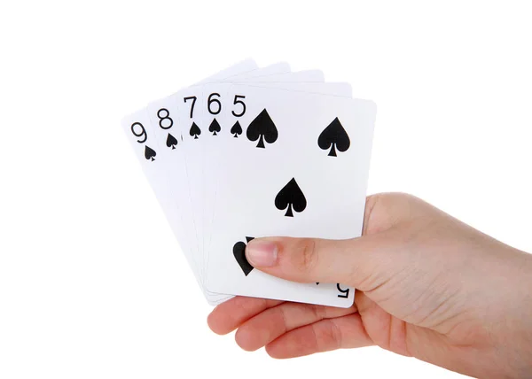 Young Female Hand Holding Playing Cards Straight Flush Straight Flush — Stock Photo, Image