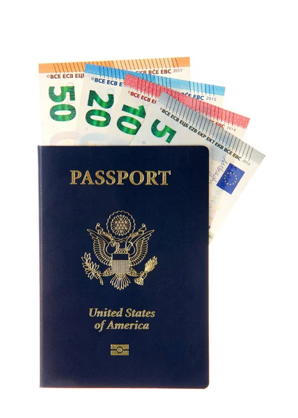 Διαβατήριο Ηπα Ευρωπαϊκά Τραπεζογραμμάτια Ευρώ Προεξέχουν Από Την Κορυφή Ταξίδι — Φωτογραφία Αρχείου