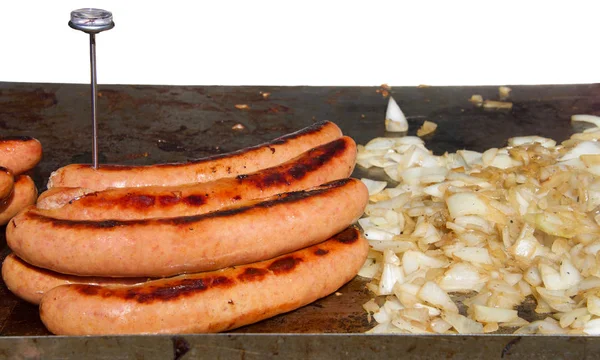Grandi Salsicce Hot Dog Grigliate Accanto Alle Cipolle Tritate Una — Foto Stock