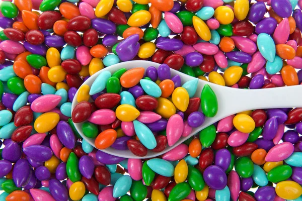 Background Candy Covered Sunflower Seeds Spoon Full Seeds Top Close — Stock Photo, Image