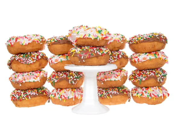 Cake Donuts Frosted Chocolate Vanilla Frosting Rainbow Candy Sprinkles Stacked — Stock Photo, Image