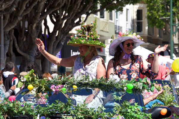 San Francisco, CA - April 01, 2018: Unidentified  participants in the 27th Annual Union St Easter Parade. The Biggest Little Parade in San Francisco and reflects the unique community of the Bay Area.
