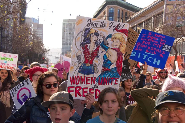 San Francisco Enero 2018 Participantes Identificadas Marcha Las Mujeres Diseñado — Foto de Stock
