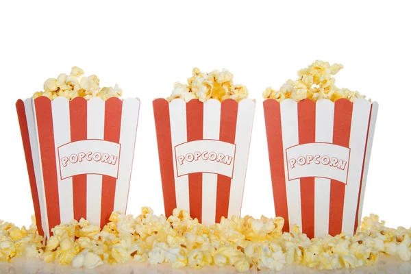 Drei Rot Weiß Gestreifte Tüten Mit Dem Etikett Popcorn Gefüllt — Stockfoto