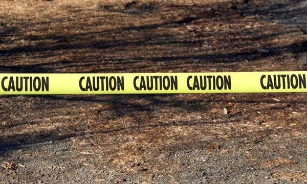 Yellow Caution Sinal Toda Área Queimada Após Incêndios Florestais Baía — Fotografia de Stock