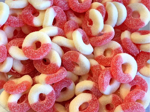 Close Cherry Red White Gummy Rings — Stock Photo, Image