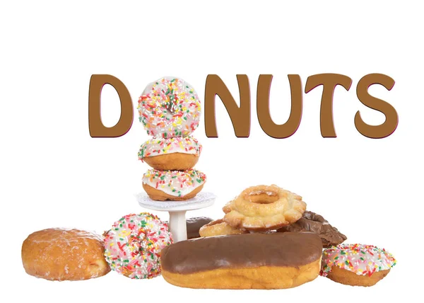 Різноманітність Пончиків Ізольовано Білому Тлі Словом Donuts Над Купою Використовуючи — стокове фото