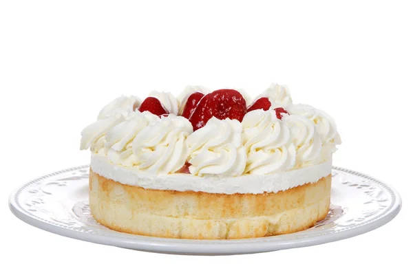 Πορσελάνη Πλάκα Μεγάλο Επιδόρπιο Φράουλα Shortcake Απομονώνονται Λευκό Φόντο — Φωτογραφία Αρχείου