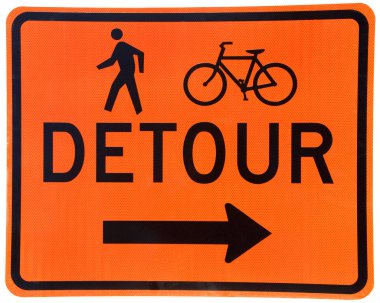 Turuncu arkaplanda servis levhası, yayalar ve bisikletçiler, sağı gösteren ok. Desenli işaret.