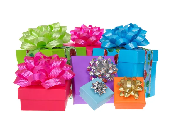 Many Brightly Colored Boxes Presents Colorful Bows Holiday Shopping Wrapped — Stock Photo, Image