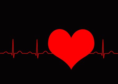 EKG normal sinüs ritmi koyu arkaplandaki kalp atışı kalbe gidiyor. Siyah zıtlık üzerine kırmızı.