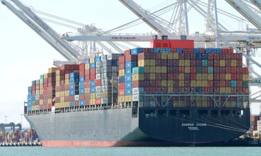 Oakland, CA - 23 Temmuz 2020: Kargo Gemisi MAERSK ENSHI ABD 'nin en işlek beşinci limanı Oakland Limanı' nda yükleniyor.