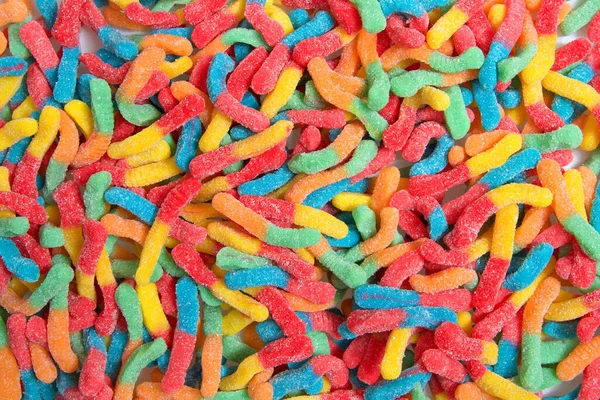 Sour Candy Gummy Worms Close Background Covered Granulated Sugar Flat — Stock Photo, Image