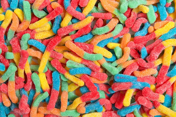 Sour Candy Gummy Worms Close Background Covered Granulated Sugar Flat — Stock Photo, Image