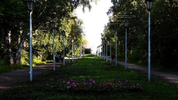 Parque de verano en la ciudad con linternas y césped — Foto de Stock