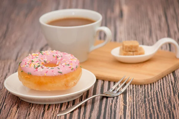 Dessert Donuts Sugar Hot Coffee Cups Prepared Relaxation Party Wooden — Stock Photo, Image