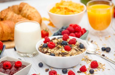 Kahvaltıda yanında tereyağlı kruvasan, mısır gevreği, fincanda süt, çilek, ahududu, kivi, kahvaltı masasında taze portakal suyu....