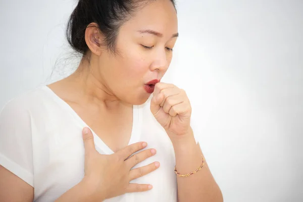 Bild Einer Asiatin Die Aufgrund Einer Bakteriellen Infektion Nacken Hustet — Stockfoto