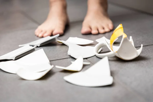 바닥에 유리잔이나 설겆이 접시들 부엌에서의 개념은 집안의 어린아이들에게 위험하다 — 스톡 사진