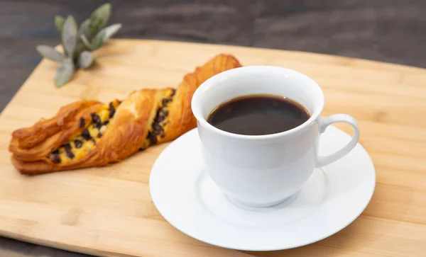 Breakfast Served Morning Black Coffee Hot Butter Croissant Chocolate Bread — Stock Photo, Image