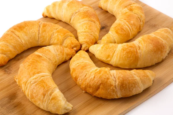 Pane Croissant Cuocere Colazione Mattino Salute Alimenti Dietetici Vassoio Legno — Foto Stock