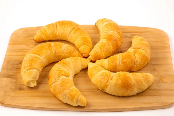 Pane Croissant Cuocere Colazione Mattino Salute Alimenti Dietetici Vassoio Legno — Foto Stock