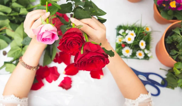 Kırmızı ve pembe gülleri budamaya hazırlanan bir kadın ve evdeki güzel çiçek aranjmanları, masadaki aile içinde Sevgililer Günü ve İş için vazo ile çiçek aranjmanları.