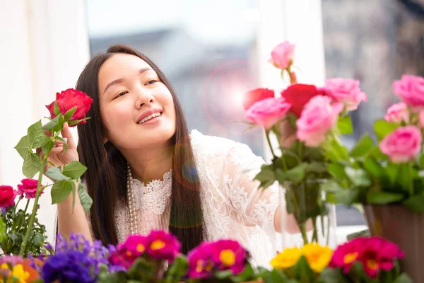 Kırmızı ve pembe gülleri budamaya hazırlanan kadın ve evdeki güzel çiçek aranjmanları Sevgililer Günü için vazoyla çiçek aranjmanları ve masada aile içi hediyeler.