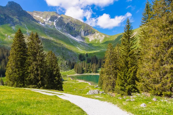 Gantrischseeli 'nin İsviçre doğa parkındaki manzara manzarası, dağların arasında bir nehir bulunan doğal manzara. Yaz gökyüzünde açık bir günde, seyahat ve tatil için.