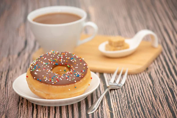 Dessert Donuts Chocolate Strawberry Circles Sugar Cream Donuts Hot Coffee — Stock Photo, Image