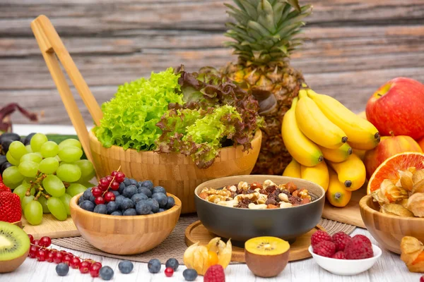 Group Fruits Breakfast Mixed Vegetables Salad Bowl Nuts Bowl Strawberry — Stock Photo, Image