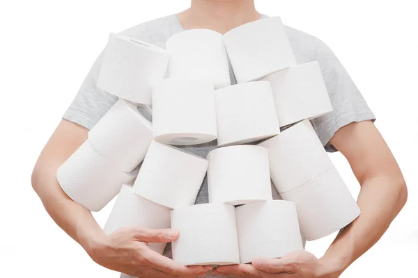 Asian Man Holding Roll Toilet Paper Tissue Use Toilet Room — Stock Photo, Image