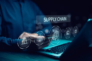 Tedarik zinciri yönetim konsepti taşımacılığı ve lojistik tedarikçiler, ithalat ihracat ve ulaşım endüstrisi. ağ dağılımı artışı. konteyner kargo gemisi ve endüstriyel kargo kamyonu