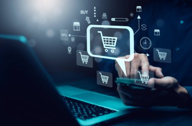 İş adamı el ele tutuşan sanal dünya online alışveriş kavramı, çevrimiçi alışveriş arabasının sanal arayüzü olan pazar sitesi ağın bir parçası, alışveriş arabası seçen online alışveriş işi.