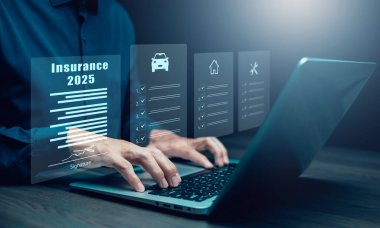 2025 Insurance form agreements concept, Businessman signs insurance contracts  e-signing digital online, document management, concerning mortgage loan offer for and house insurance